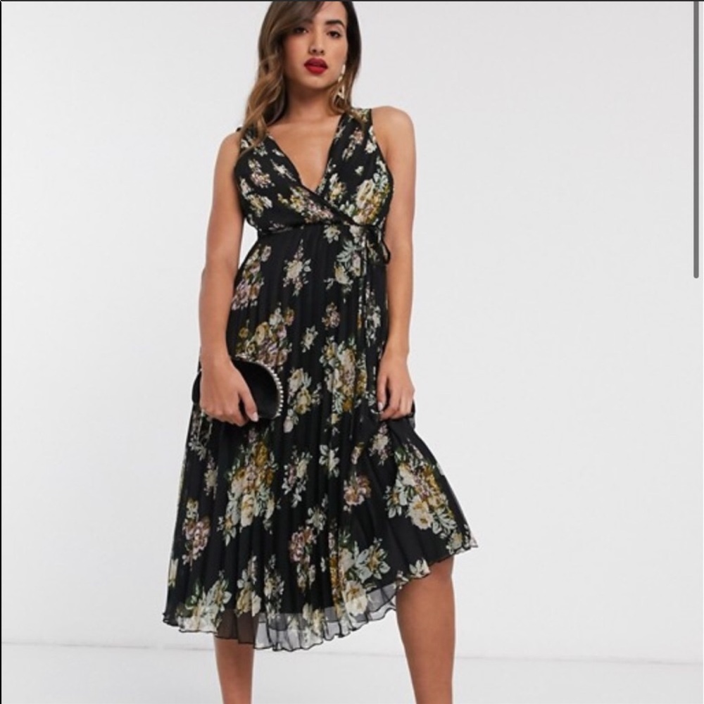 Asos Wrap Bodice Midi Dress Tie Waist Pleat Skirt
